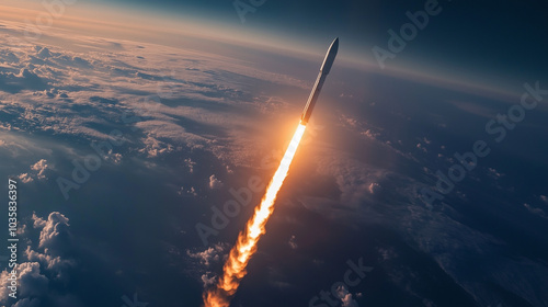 Rocket launching into space with a bright flame trail over clouds during sunrise