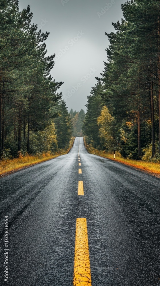 A Serene Journey Through a Misty Forest Road Surrounded by Majestic Pines A Serene Journey Through a Misty Forest Road Surrounded by Majestic Pines
