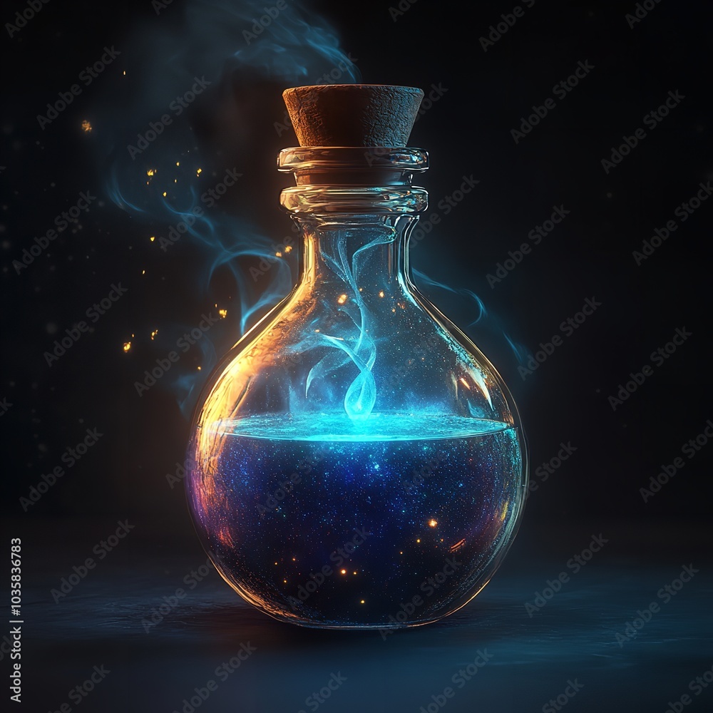 a holographic image of a magical potion with swirling colors an a holographic image of a magical potion with swirling colors an