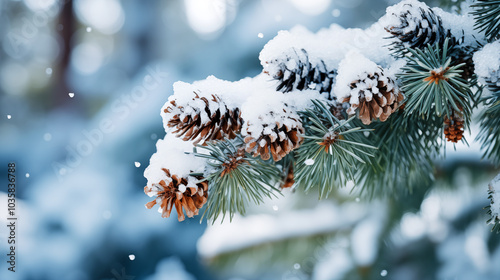 Tree branches covered in snow. closeup of snow covered evergreen branch in forest. snow covered pine needles