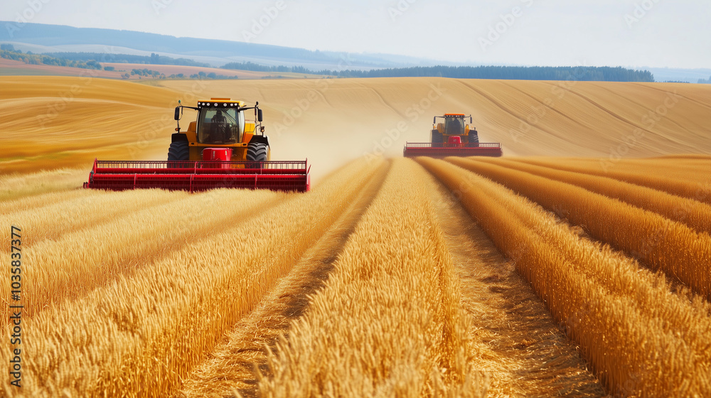 Obraz premium Harvesting wheat fields with tractors working in golden crops under a clear blue sky