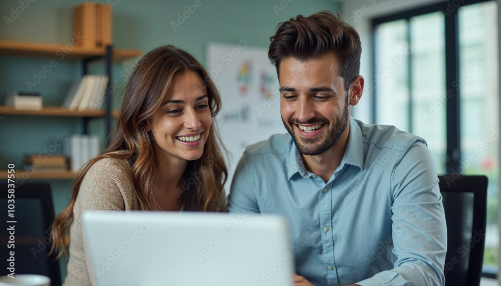 Two busy colleagues working together talking using laptop in office. Middle aged Latin female manager teaching young male worker looking at computer discussing business plan at office meeting. Two busy colleagues working together talking using laptop in office. Middle aged Latin female manager teaching young male worker looking at computer discussing business plan at office meeting.