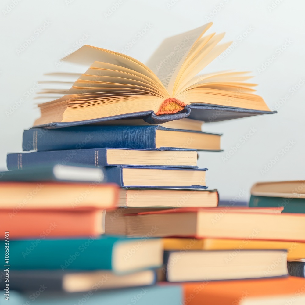 A stack of colorful books with one open, symbolizing knowledge and learning. A stack of colorful books with one open, symbolizing knowledge and learning.