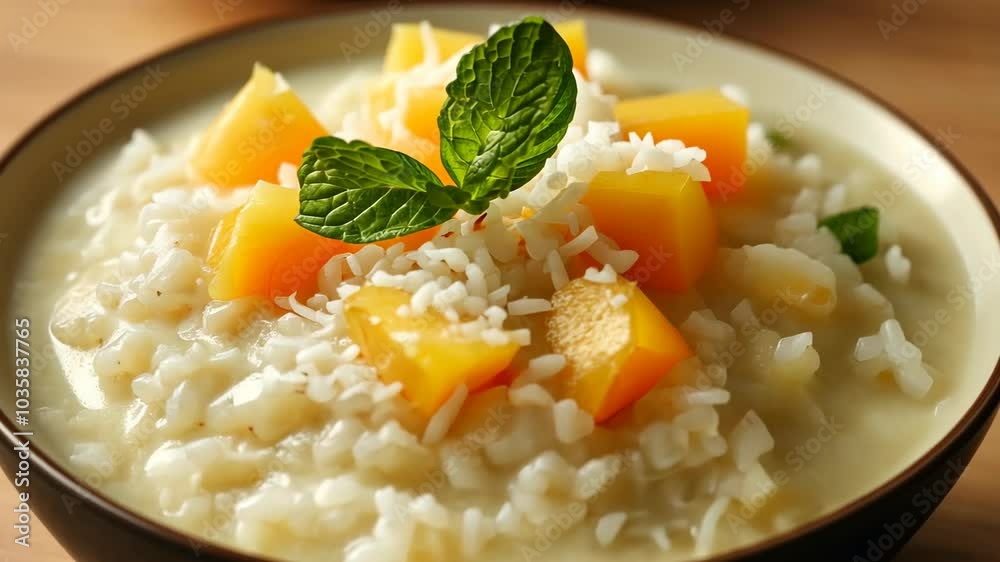 A bowl of creamy rice porridge topped with fresh papaya and mint A bowl of creamy rice porridge topped with fresh papaya and mint
