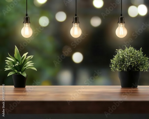 Industrialthemed restaurant with metal fixtures, exposed concrete walls, and dark wood accents, combined with soft Edison bulb lighting photo