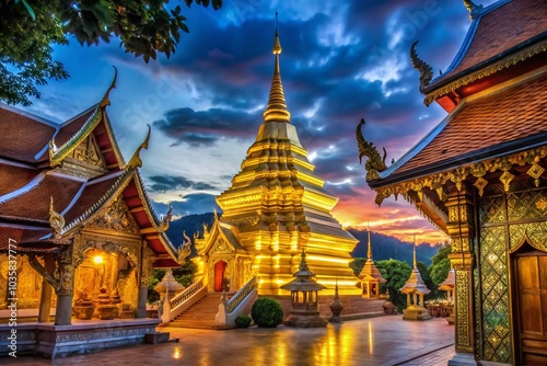 Stunning Wat Phra That Doi Suthep Temple Surrounded by Majestic Blue Mountains in Thailand's Clear Sky