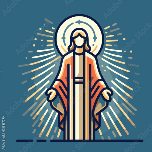 Radiant religious icon with halo and outstretched arms in abstract style
