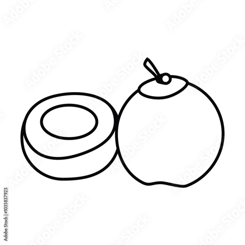 Black and White Coconut Icon with Whole and Halved Coconut – Vector Illustration