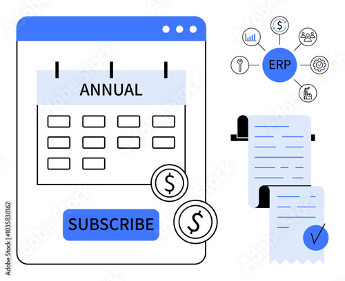 A calendar labeled annual, subscribe button, currency icons, ERP integration graphic, and invoices. Ideal for small businesses subscription services financial management ERP systems digital marketing