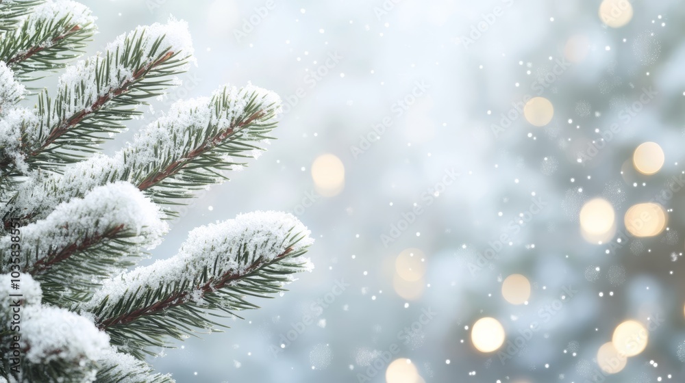 Winter scene with evergreen branches highlighted by glowing lights, a festive and warm holiday feel. Winter scene with evergreen branches highlighted by glowing lights, a festive and warm holiday feel.