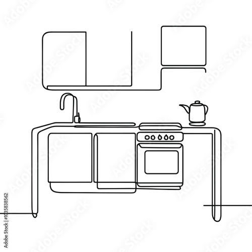 Minimalist continuous line illustration of modern kitchen interior design