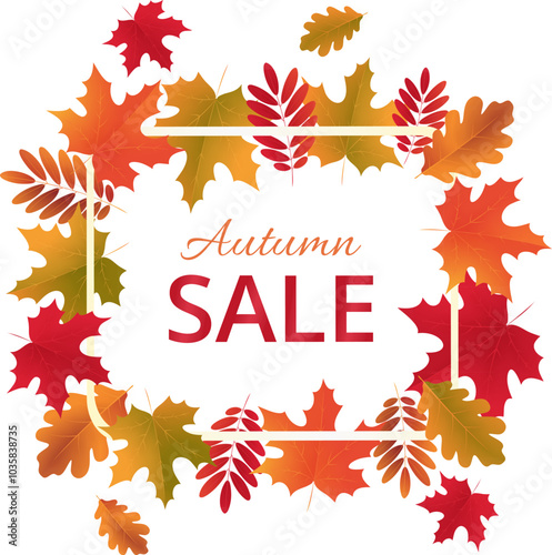 Fall colorful leaves frame and the text Autumn Sale on a transparent background. Autumn sale discount promotion banner design. Advertising sale concept poster design. Sale banner, sale tag