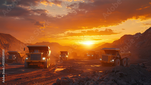 fleet of dump trucks moving in synchronization during stunning sunset, showcasing beauty of industrial work in rugged landscape. warm colors of sky contrast with heavy machinery, creating captivating