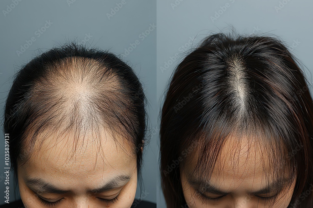 Side-by-side image showing a significant transformation from balding to full hair, demonstrating the effects of hair restoration treatments. Side-by-side image showing a significant transformation from balding to full hair, demonstrating the effects of hair restoration treatments.