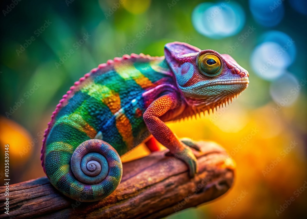 Stylized Chameleon with Curled Tail in Tilt-Shift Photography Style for Unique Art and Design Projects Stylized Chameleon with Curled Tail in Tilt-Shift Photography Style for Unique Art and Design Projects