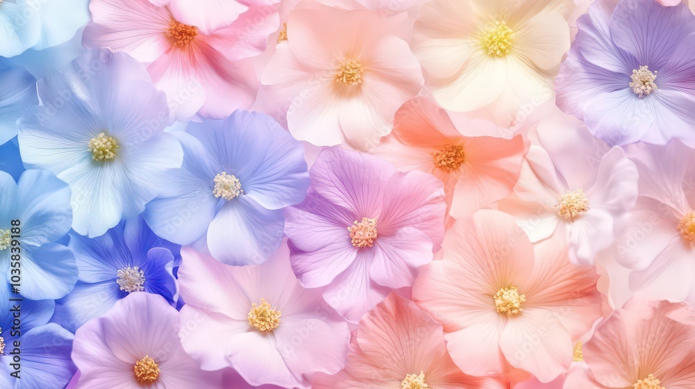 A vibrant pattern of pastel-colored flowers, ranging from blue to pink, creates a delicate and dreamy backdrop. A vibrant pattern of pastel-colored flowers, ranging from blue to pink, creates a delicate and dreamy backdrop.