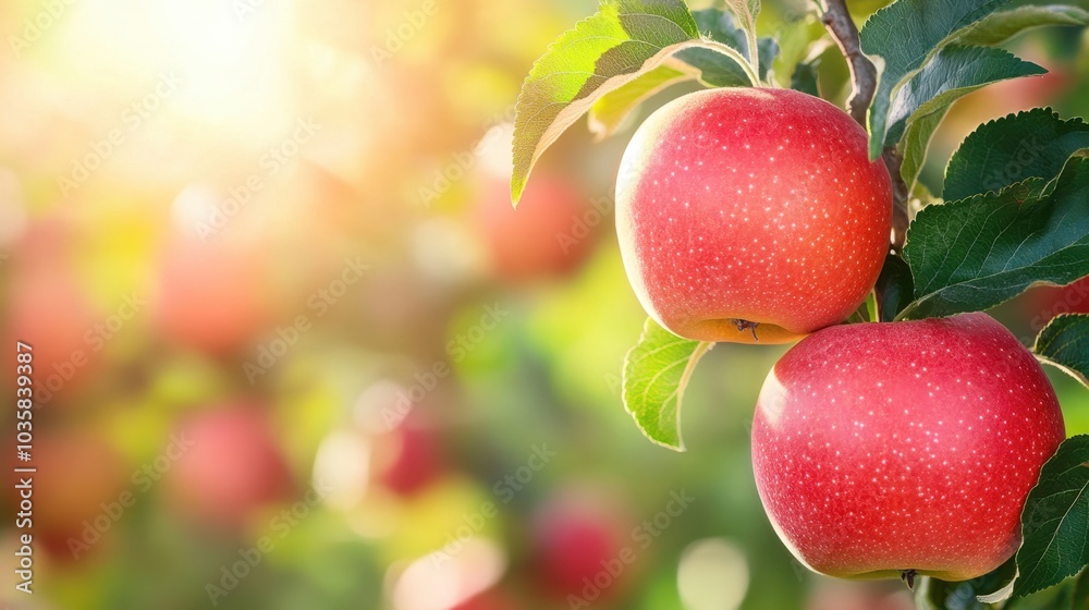 Red apples hang from trees in a vibrant orchard, basking in the warm sunlight of a crisp fall day during harvest season Red apples hang from trees in a vibrant orchard, basking in the warm sunlight of a crisp fall day during harvest season