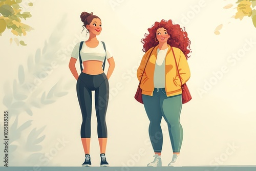  Two women illustrated with different body types, representing body positivity, fitness, and the importance of embracing diversity in shapes and sizes. photo