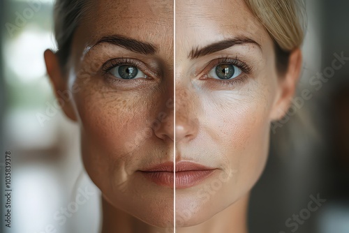  Two images of a woman in natural light: on the left, wrinkles are prominent around her face with a dull skin tone; on the right, her skin is glowing, wrinkle-free, and even-toned.