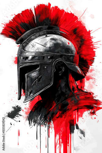 Front view illustration of an Illyrian helmet with splashes of black and red paint,  brush strokes, on white background. photo