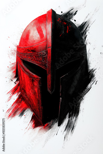 Front view illustration of an Illyrian helmet with splashes of black and red paint,  brush strokes, on white background.