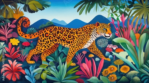 A majestic leopard with a curled tail walks through a lush tropical jungle with vibrant flowers and plants.