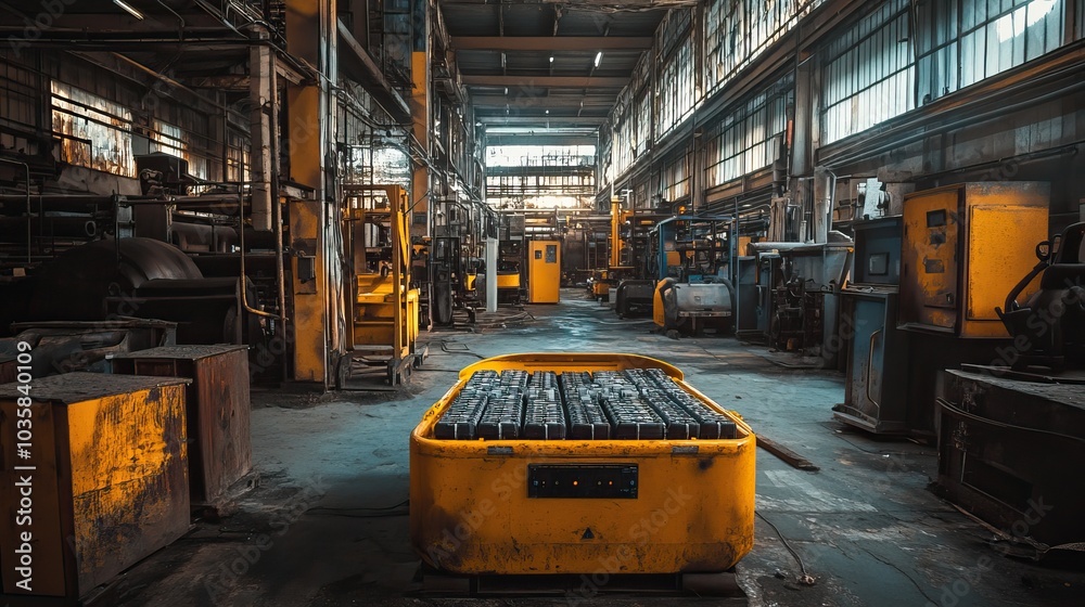 Abandoned Factory Interior with a Yellow Trolley Abandoned Factory Interior with a Yellow Trolley