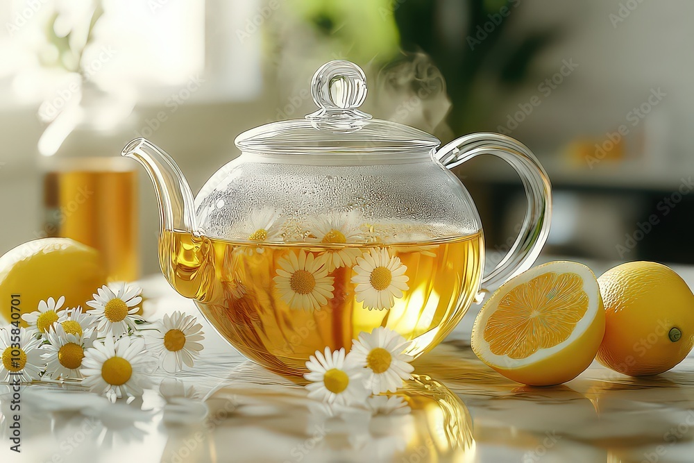 Glass teapot of chamomile tea with lemon, surrounded by fresh flowers, creating a warm, soothing moment in a cozy and refreshing atmosphere. Glass teapot of chamomile tea with lemon, surrounded by fresh flowers, creating a warm, soothing moment in a cozy and refreshing atmosphere.
