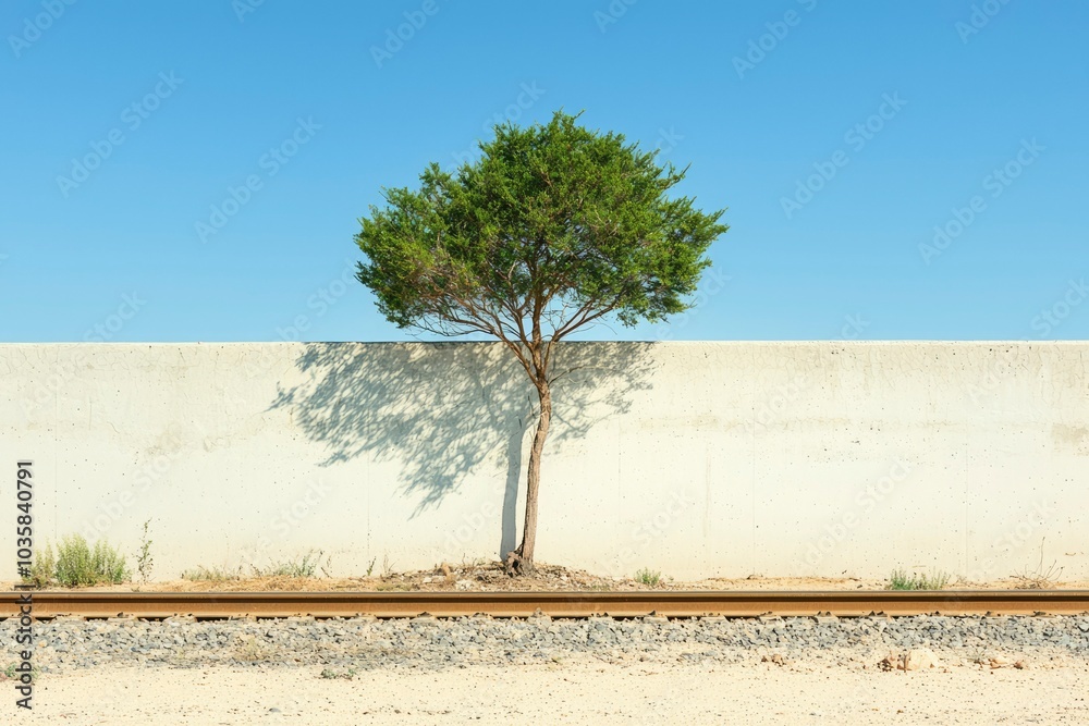 Obraz premium A solitary tree growing near a concrete wall and railroad tracks