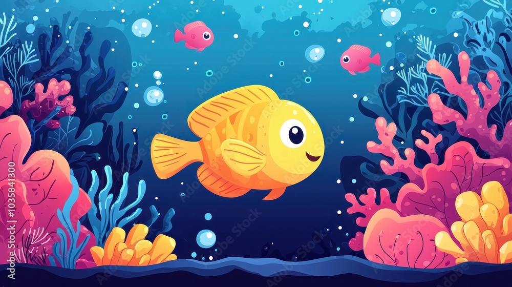 A cartoon fish is swimming in a colorful ocean with other fish A cartoon fish is swimming in a colorful ocean with other fish