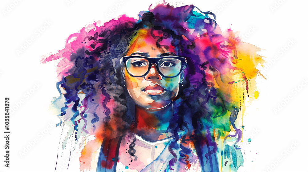 Obraz premium Beautiful African teen girl student with long curly hair wearing glasses and carrying a backpack. Bright watercolor illustration on a white background. Generation Z urban lifestyle.