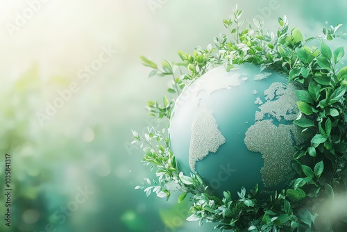  Globe design made of delicate leaves and plants forming the continents, set against a soft gradient background blending green and blue tones, symbolizing a peaceful and eco-friendly message.