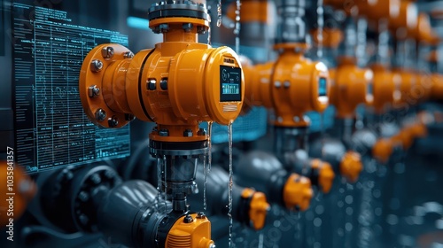 Hydraulic pumps in operation at a treatment plant, futuristic computer overlay showing flood risk and water flow data