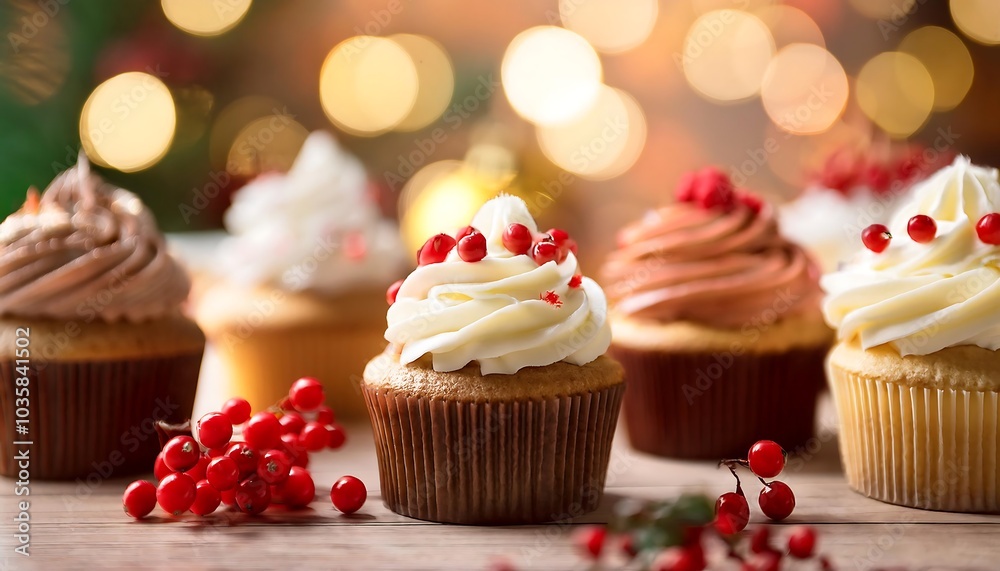 Festive cupcakes with creamy frosting and decorative accents, perfect for holiday celebrations Festive cupcakes with creamy frosting and decorative accents, perfect for holiday celebrations