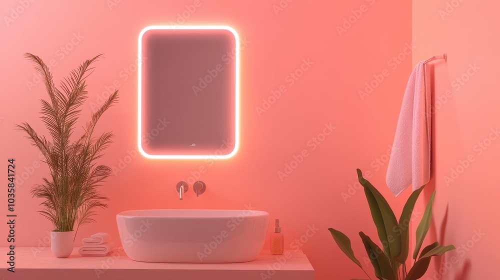 Fototapeta premium Smart mirror with soft LED lighting, featured in a modern bathroom setting against a simple solid color background
