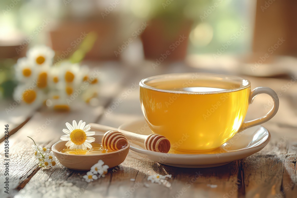 Warm and inviting scene of a teacup filled with chamomile tea, placed beside a small dish of honey and a wooden spoon, creating a cozy and calming tea experience. Warm and inviting scene of a teacup filled with chamomile tea, placed beside a small dish of honey and a wooden spoon, creating a cozy and calming tea experience.