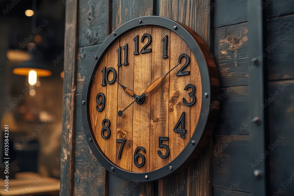 custom made wallpaper toronto digital Large rustic wooden wall clock with bold numbers, hanging on a wooden wall. Combines functionality and style, adding a vintage feel to interior decor.