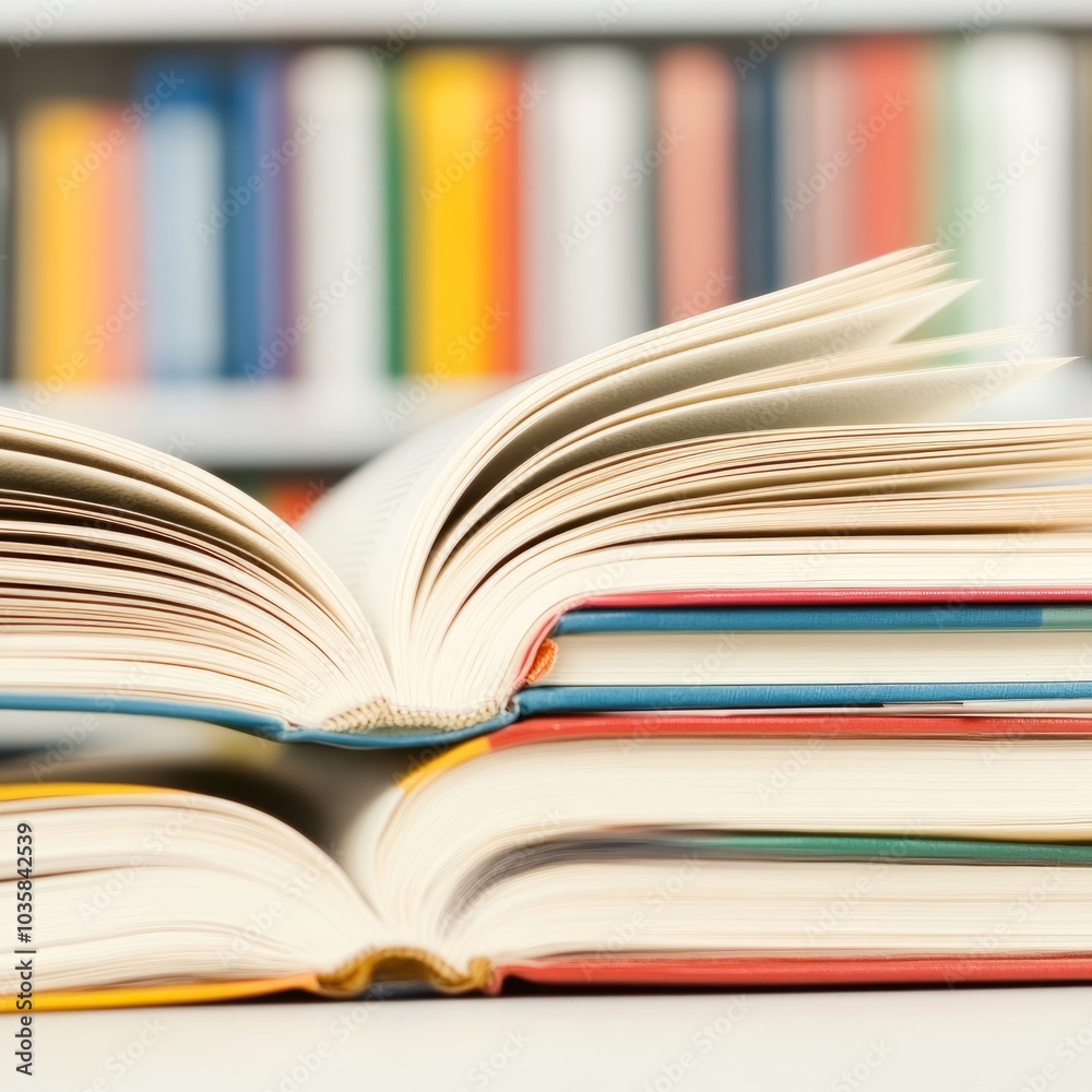 Open books stacked with a blurred bookshelf in the background.