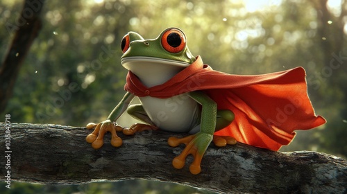 Super frog in a flowing red cape sits confidently on a tree branch, looking out over the forest like a true hero