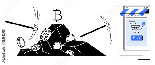 Pickaxes and bitcoin symbols emerging from rocks signifying mining with a shopping cart icon on a smartphone screen. Ideal for cryptocurrency, bitcoin mining, digital finance, e-commerce, technology