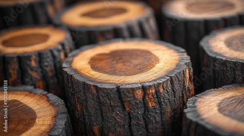 textured background featuring a pile of natural round teak wood stumps showcasing the rustic beauty of wood grain and patterns ideal for interior decoration or naturalthemed design projects photo