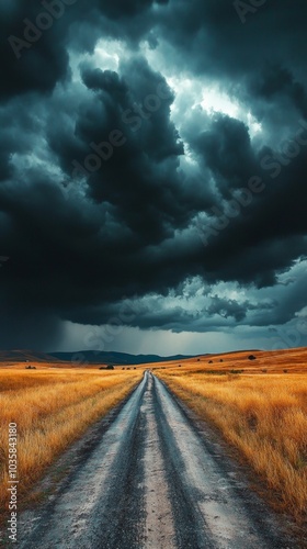 A Dusty Road Cuts Through Expanse Beneath A Dramatic Sky Filled With Dark Clouds