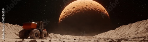 A futuristic vehicle explores a lunar landscape under a large, glowing moon, highlighting themes of space exploration and technology.