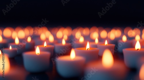 A serene array of lit candles creating a warm glow in darkness.