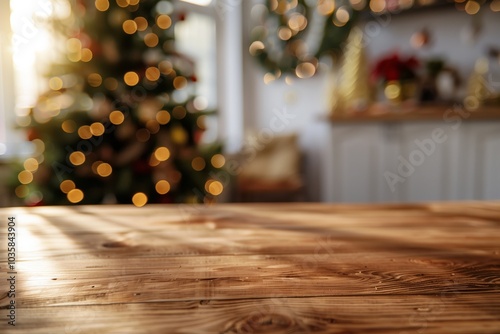 Wooden countertop table surface for product shots, in focus on foreground, blurred soft focus Christmas tree and decorated room in the background. Christmas home interior, background. Great backdrop