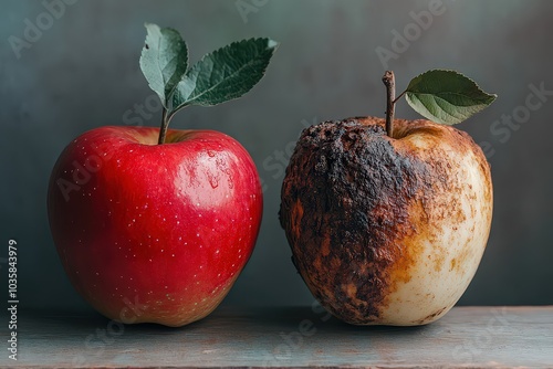  side-by-side comparison of a fresh, bright apple next to a rotting one, emphasizing the contrast between ripeness and decay in food quality.