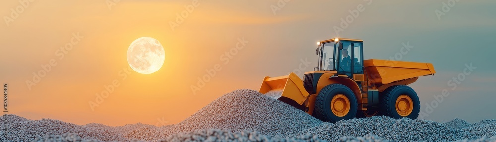 A vibrant sunset over a construction site, featuring a yellow loader atop a mound of materials, symbolizing industry and progress. A vibrant sunset over a construction site, featuring a yellow loader atop a mound of materials, symbolizing industry and progress.