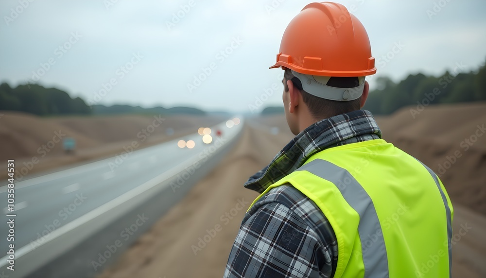 Construction Worker on Highway Road Project Monitoring Site Development Construction Worker on Highway Road Project Monitoring Site Development