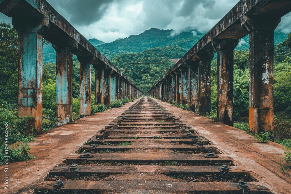 Fototapeta premium Abandoned Train Tracks Bridge Over Lush Green Mountains