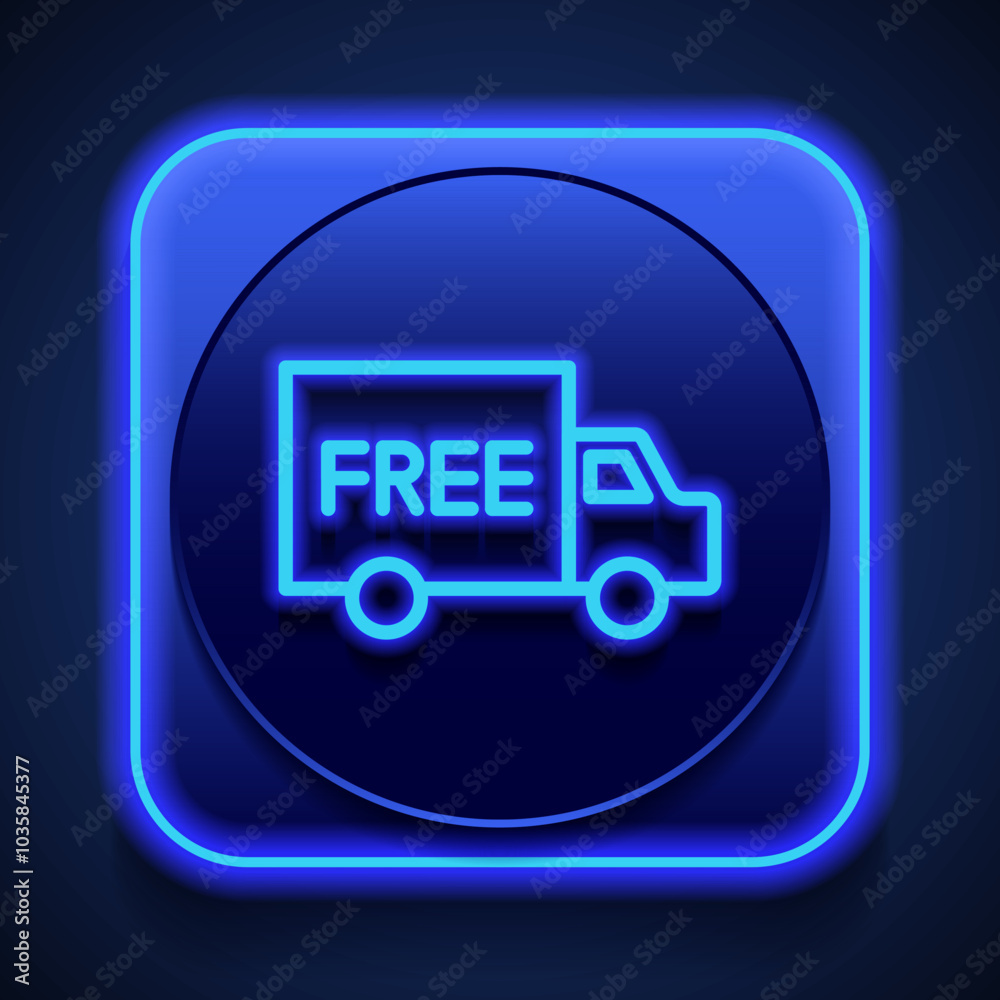 Free delivery simple icon vector. Flat design. Blue neon style on button. With shadow Free delivery simple icon vector. Flat design. Blue neon style on button. With shadow